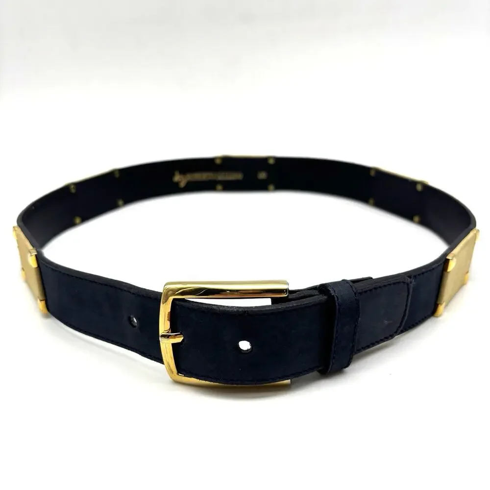 1980s Roberto Bellido Navy & Cream Genuine Leather Gold Studs Waist Belt 29-31